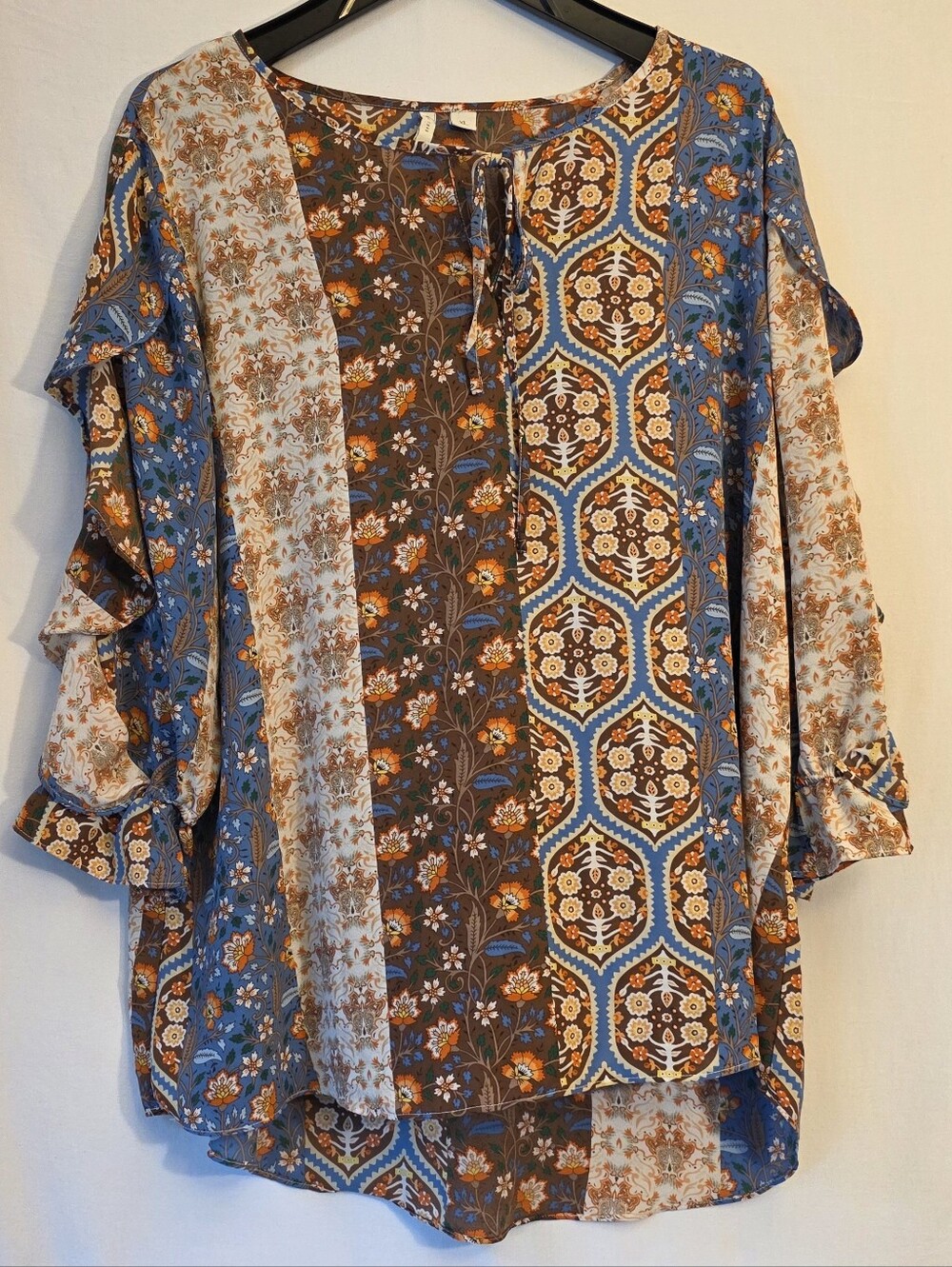 Boho Mix-Print Peasant Tunic in Blue & Brown